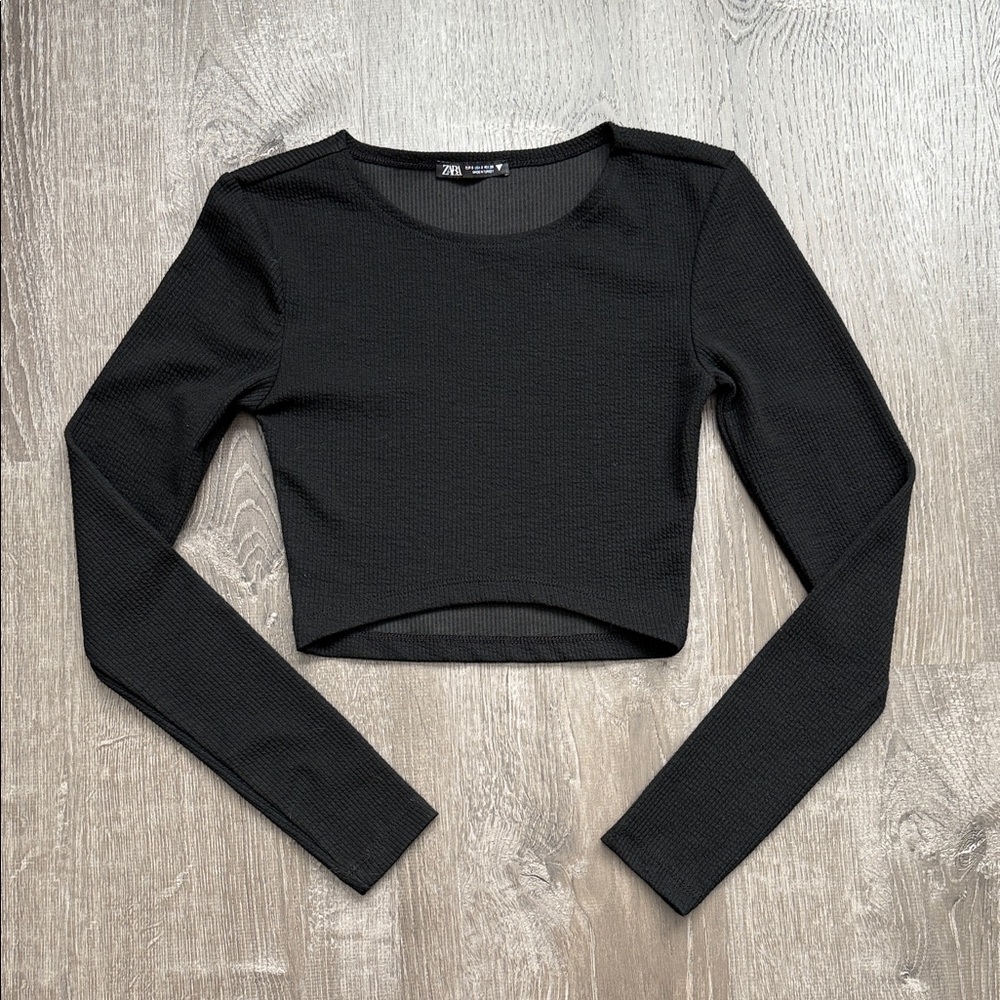 Zara Black Textured Long Sleeve Crop Top Small